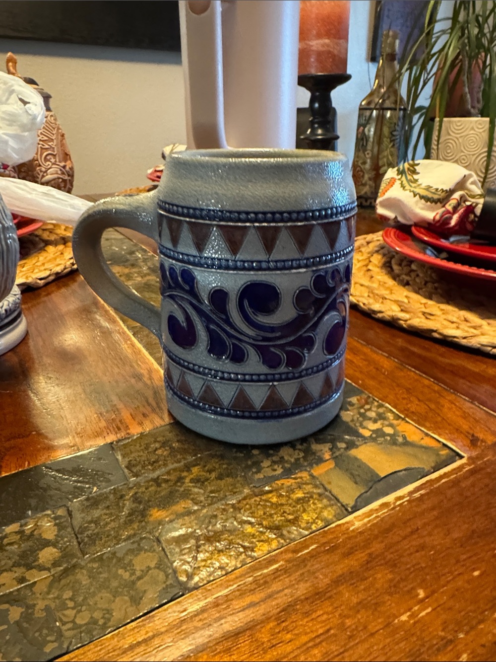 Handcrafted Ceramic Beer Stein - Blue and Brown Decorative Mug